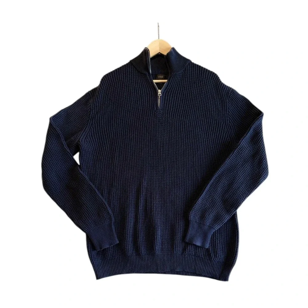 J.Crew Quarter-Zip Sweater Mens Large Navy Blue Waffle Knit Cotton H2713